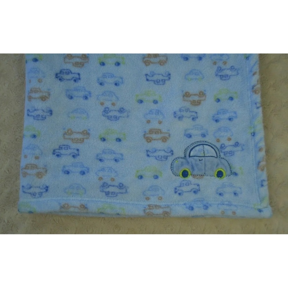 Cutie Pie Car Print Baby Blanket Blue Green Tan Plush Security Lovey Automobile